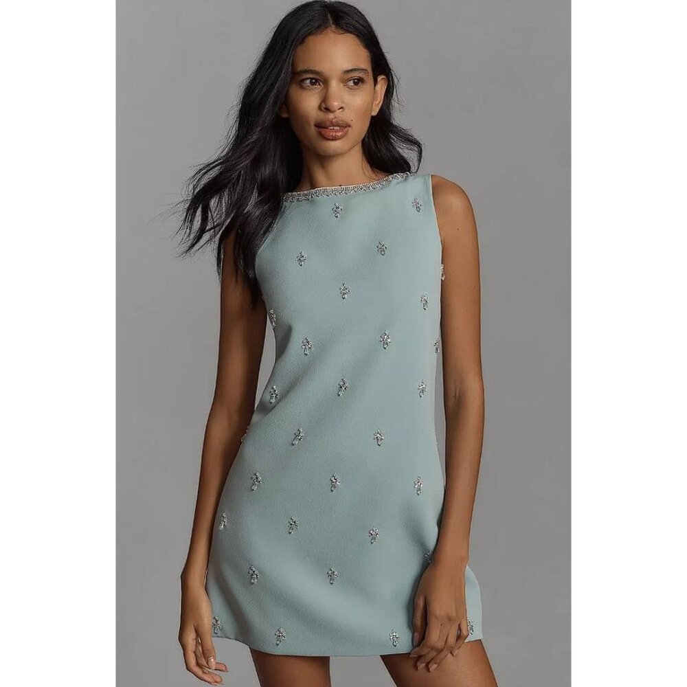 ANTHROPOLOGIE Women's Atsu Crystal-Embellished Bow Mini Dress Size XSP In Sky